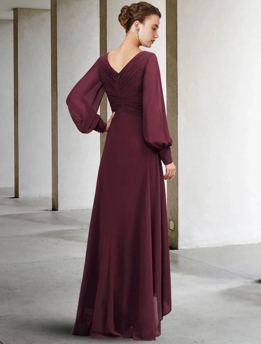 A-Line Mother of the Bride Dress Plus Size Elegant High Low V Neck Asymmetrical Floor Length Chiffon Long Sleeve with Pleats Ruched by YiHuiw