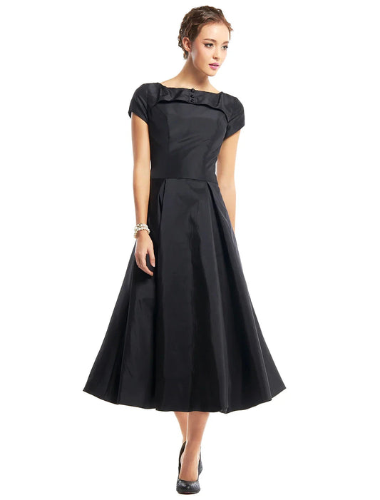 A-Line Black Dress Vintage Homecoming Wedding Guest Tea Length Short Sleeve Boat Neck Taffeta with Buttons by YiHuiw