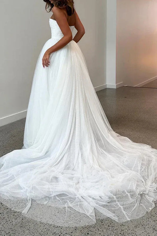 A-Line Strapless Tulle Pleated Wedding Dress - Yihuiw by Yihuiw