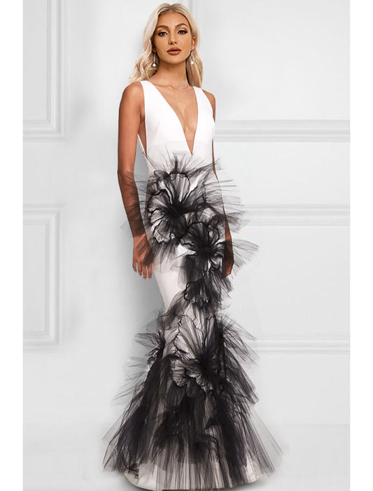 Mermaid / Trumpet Evening Gown Color Block Dress Formal Floor Length Sleeveless V Neck Fabric with Appliques