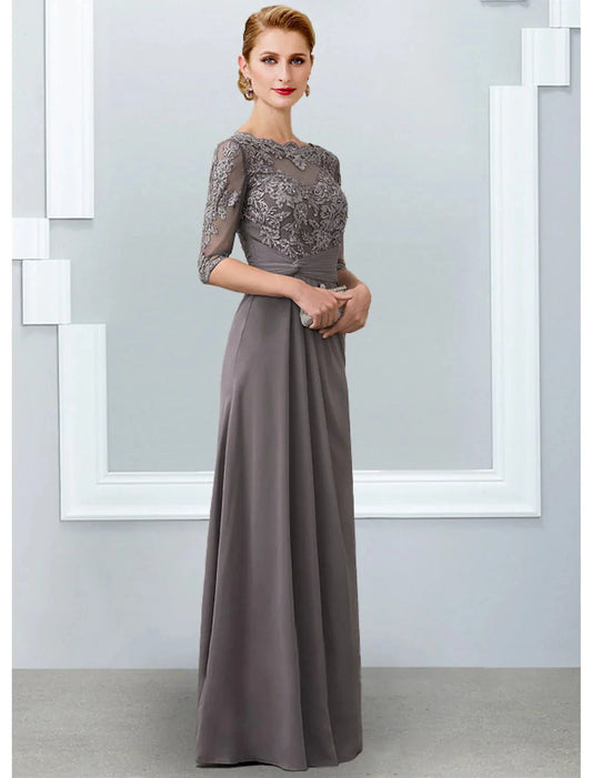 A-Line Mother of the Bride Dress Elegant V Neck Floor Length Chiffon Lace Short Sleeve with Pleats Appliques by YiHuiw