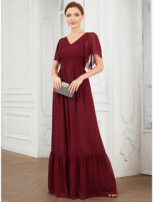A-Line Prom Dresses Elegant Dress Party Wear Wedding Guest Floor Length Short Sleeve V Neck Chiffon with Pleats by YiHuiw