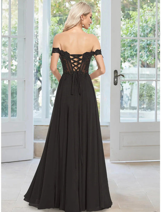 A-Line Evening Gown Floral Dress Prom Floor Length Sleeveless Off Shoulder Chiffon with Appliques by YiHuiw