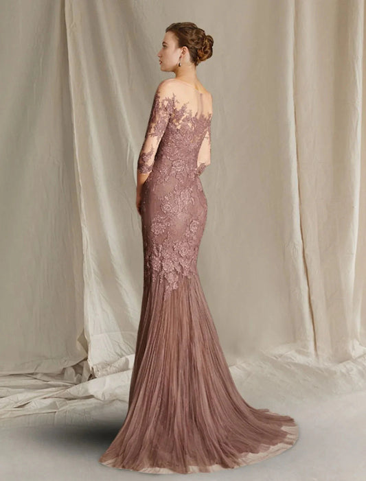 Mermaid / Trumpet Mother of the Bride Dress Fall Wedding Guest Elegant Jewel Neck Sweep / Brush Train Lace Tulle Half Sleeve with Appliques by YiHuiw