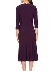 A-Line Mother of the Bride Dress Wedding Guest Elegant Petite Jewel Neck Knee Length Fabric 3/4 Length Sleeve with Pleats Crystals