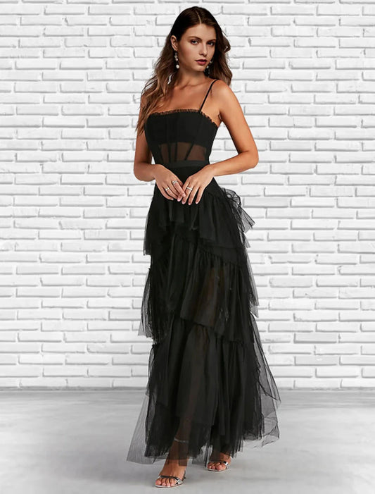 A-Line Prom Dresses Corsets Dress Party Wear Ankle Length Sleeveless Strapless Tulle Ladder Back with Ruffles Pure Color by YiHuiw
