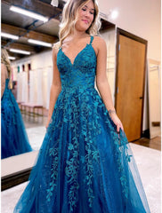 Ball Gown A-Line Prom Dresses Sparkle & Shine Dress Formal Floor Length Sleeveless V Neck Tulle Backless with Glitter Appliques Ball Gown A-Line Prom Dresses Sparkle & Shine Dress Formal Floor Length Sleeveless V Neck Tulle Backless with Glitter Appliques
