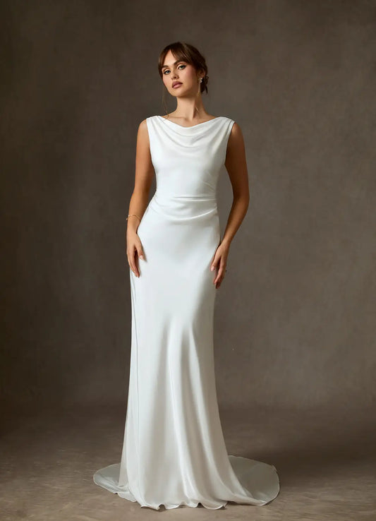 Elegant Satin Wedding Dress with Ruched Bodice Mermaid Silhouette Dramatic Cowl Back