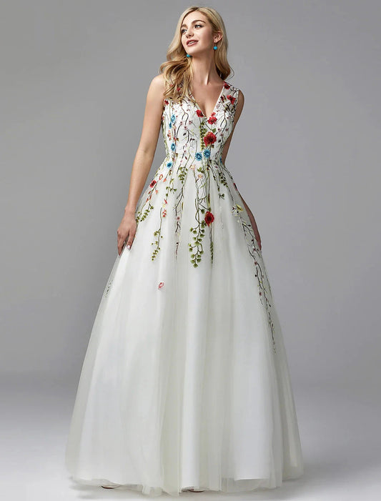 A-Line Special Occasion Dresses Floral Dress Homecoming Quinceanera Floor Length Sleeveless V Neck Lace with Embroidery Appliques by YiHuiw