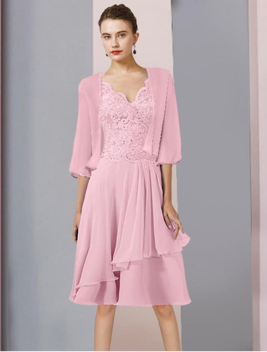 Two Piece A-Line Mother of the Bride Dress Formal Wedding Guest Elegant V Neck Knee Length Chiffon Lace 3/4 Length Sleeve Wrap Included with Beading Sequin Appliques by YiHuiw