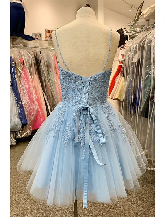 A-Line Homecoming Dresses Floral Dress Party Wear Cocktail Party Short / Mini Sleeveless Spaghetti Strap Tulle with Appliques by YiHuiw