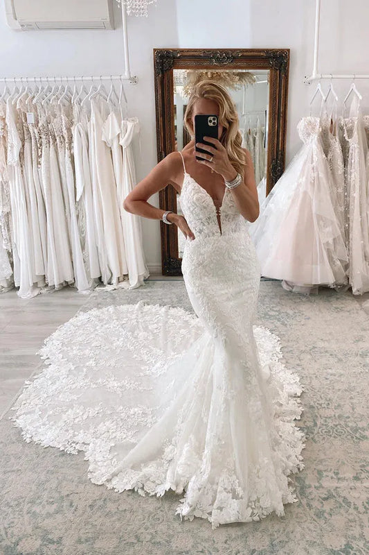 Mermaid V-Neck Floor-Length Wedding Dress - Yihuiw by Yihuiw