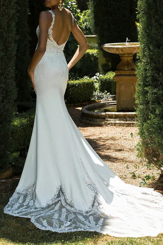 Mermaid V-Neck Floor-Length Wedding Dress - Yihuiw by Yihuiw