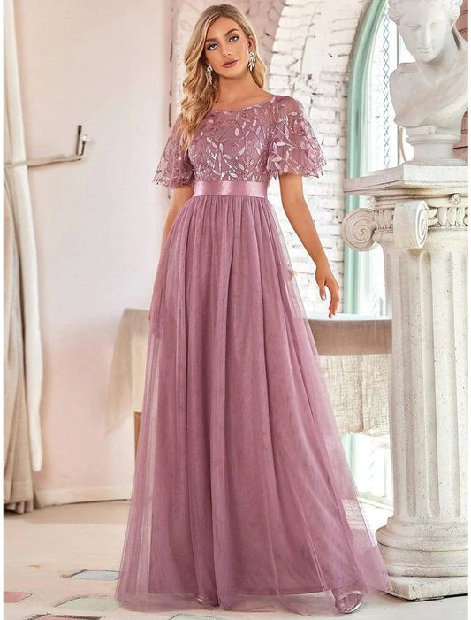 A-Line Empire Elegant Party Wear Prom Dress Jewel Neck Short Sleeve Floor Length Tulle with Embroidery by YiHuiw