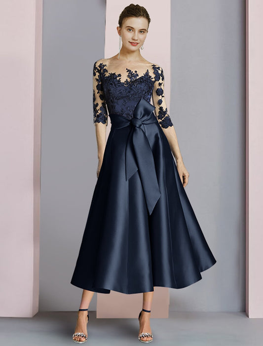 Sheath / Column Mother of the Bride Dress Fall Wedding Guest Party Elegant Scoop Neck Ankle Length Satin Lace Half Sleeve with Bow(s) Pleats by YiHuiw