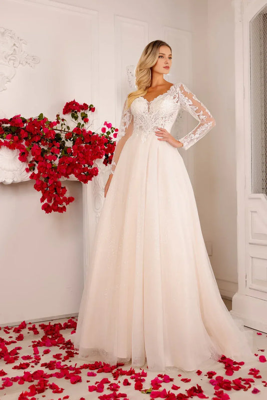 A-Line Plunging Floor-Length Wedding Dress - Yihuiw by Yihuiw