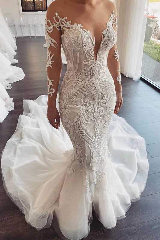 Mermaid Illusion Lace Floor-Length Wedding Dress - Yihuiw by Yihuiw