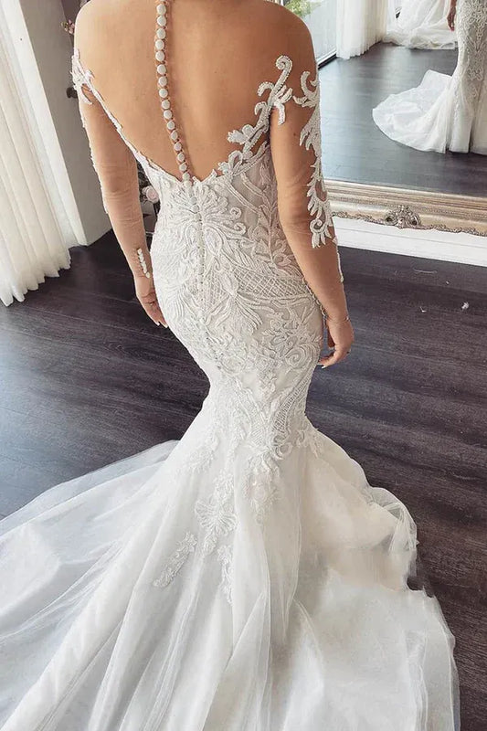 Mermaid Illusion Lace Floor-Length Wedding Dress - Yihuiw by Yihuiw