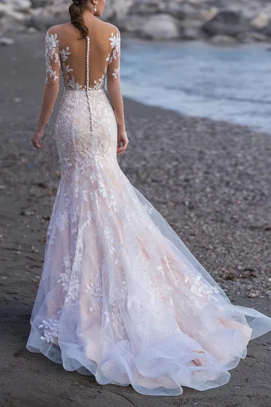 Mermaid Three-Quarter Sleeve Floor-Length Wedding Dress - Yihuiw by Yihuiw