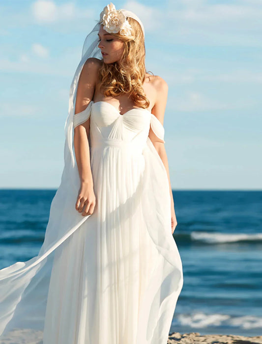 Beach Sexy Boho Wedding Dresses A-Line Off Shoulder Cap Sleeve Floor Length Chiffon Bridal Gowns With Pleats Solid Color 2025 Summer Wedding Party, Women's Clothing by YiHuiw