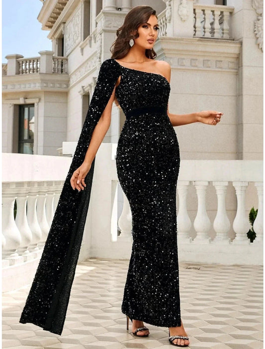 Mermaid / Trumpet Evening Gown Black Elegant Dress Formal Ankle Length Sleeveless One Shoulder Sequined with Glitter Slit by YiHuiw