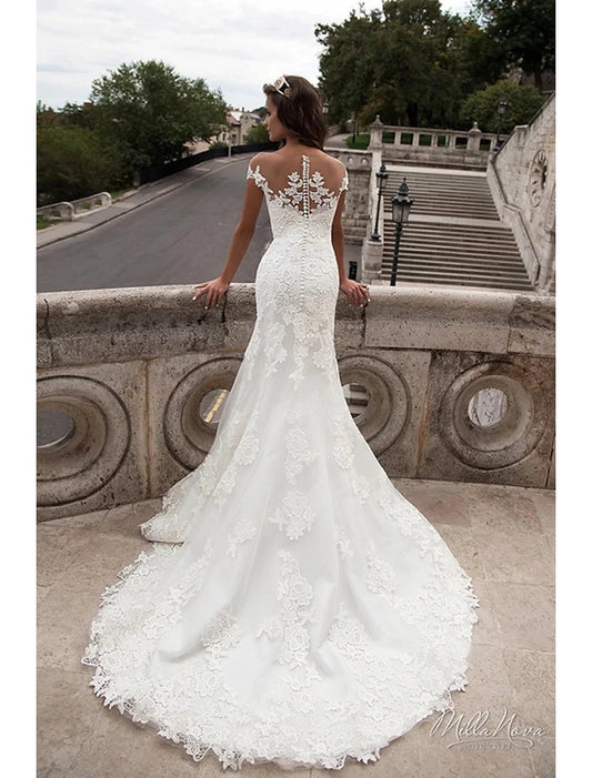 Engagement Open Back Formal Wedding Dresses Mermaid / Trumpet Off Shoulder Cap Sleeve Court Train Lace Bridal Gowns With Appliques Summer Wedding Party Women's Clothing by YiHuiw