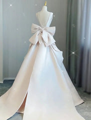 Reception Casual Wedding Dresses A-Line V Neck Sleeveless Court Train Satin Bridal Gowns With Bow(s) Pleats Summer Wedding Party Women's Clothing