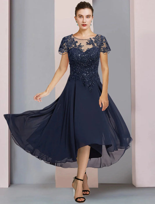 A-Line Mother of the Bride Dress Formal Wedding Guest Elegant Scoop Neck Jewel Neck Tea Length Chiffon Lace Short Sleeve with Pleats Sequin Appliques by YiHuiw