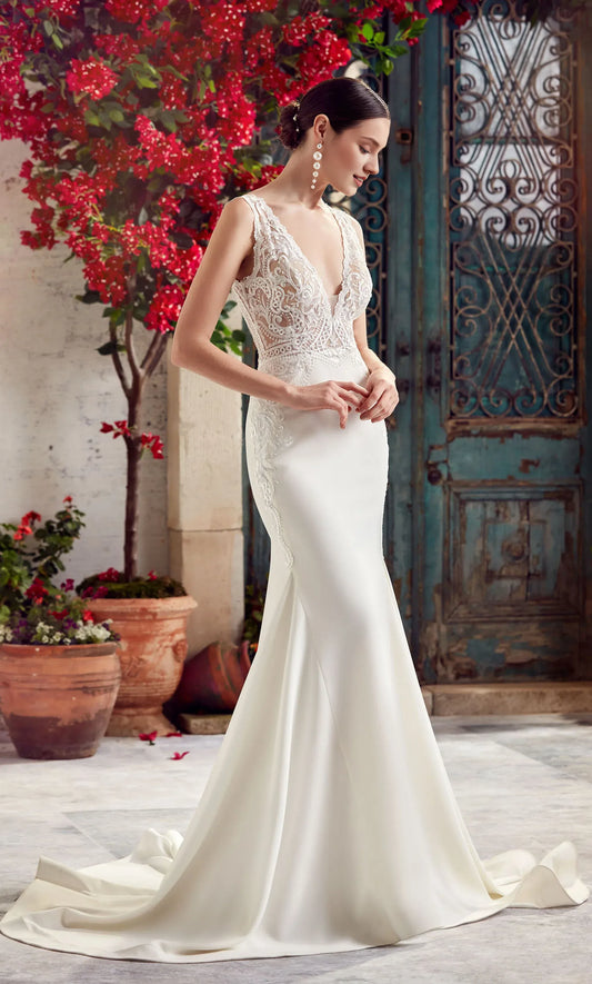 Mermaid V-Neck Lace Open Back Train Wedding Dress - Yihuiw by Yihuiw