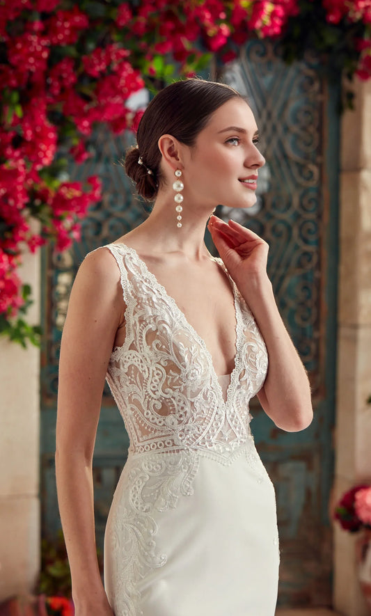 Mermaid V-Neck Lace Open Back Train Wedding Dress - Yihuiw by Yihuiw