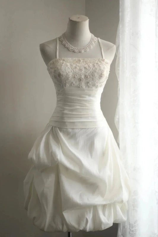 exquisite beading fashion short irregular pleated princess dress wedding dress simple gentle atmospheric and unique desi Bring summer colors to enhance whiteness by YiHuiw