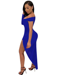 Hot Sexy Holiday Party Wear Club Dress High Slit V Neck off Shoulder Long Sleeve Bodycon Asymmetrical Spandex with Sleek