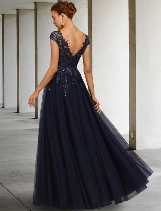 A-Line Mother of the Bride Dress Vintage Elegant V Neck Floor Length Tulle Sequined Cap Sleeve with Sequin Appliques by YiHuiw