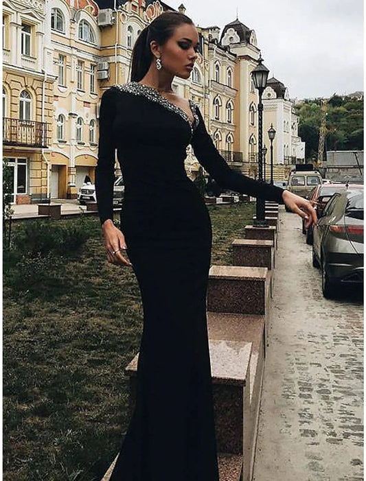 Mermaid / Trumpet Evening Gown Open Back Dress Wedding Guest Engagement Floor Length Long Sleeve V Neck Fabric with Crystals Beading by YiHuiw