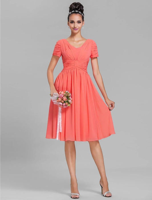 Sheath / Column Bridesmaid Dress V Neck Short Sleeve Vintage Inspired Knee Length Chiffon with Ruched / Draping by YiHuiw