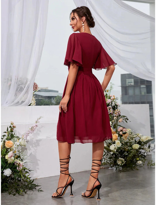 A-Line Wedding Guest Dresses Elegant Dress Holiday Knee Length Short Sleeve Jewel Neck Chiffon with Pleats Ruffles by YiHuiw