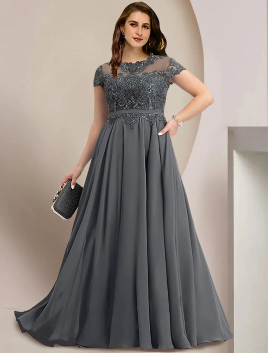 Mother of the Bride Dresses Plus Size Curve Hide Belly Wedding Guest Party Elegant Jewel Neck Floor Length Chiffon Lace Short Sleeve with Pleats Sequin by YiHuiw