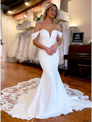 Formal Wedding Dresses Mermaid / Trumpet Off Shoulder Sleeveless Chapel Train Fabric Bridal Gowns With Appliques Summer Wedding Party Women's Clothing