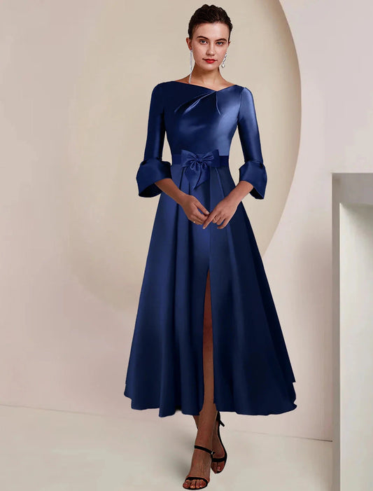 A-Line Mother of the Bride Dress Formal Wedding Guest Party Elegant Bateau Neck Tea Length Satin 3/4 Length Sleeve with Bow(s) Split Front by YiHuiw