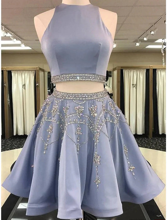 Two Piece Homecoming Dresses Elegant Dress Holiday Graduation Short / Mini Sleeveless Jewel Neck Satin with Beading by YiHuiw