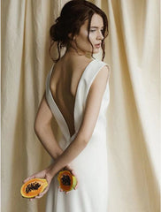 Reception Open Back Casual Wedding Dresses Sheath / Column Scoop Neck Sleeveless Sweep / Brush Train Satin Bridal Gowns With Solid Color Summer Fall Wedding Party Women's Clothing