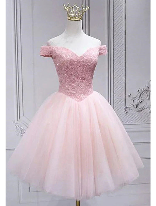 A-Line Homecoming Dresses Sparkle & Shine Dress Party Wear Cocktail Party Knee Length Sleeveless Off Shoulder Pink Dress Tulle with Sequin by YiHuiw