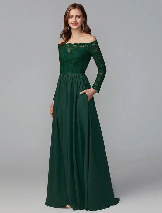 A-Line Bridesmaid Dress Off Shoulder Long Sleeve Elegant Floor Length Chiffon / Lace with Lace by YiHuiw