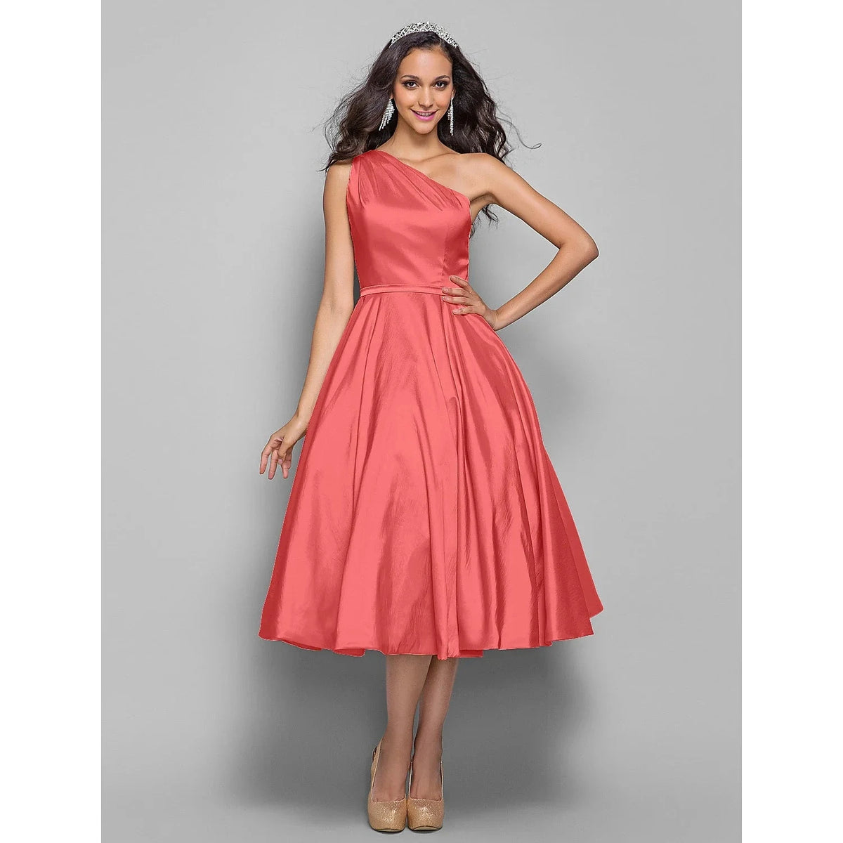 A-Line Minimalist Elegant Cocktail Party Wedding Party Dress One Shoulder Sleeveless Tea Length Taffeta with Sash / Ribbon by YiHuiw