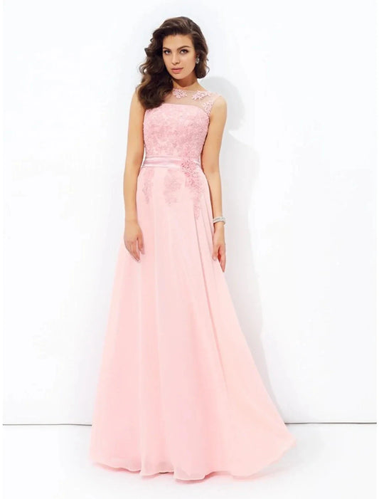 A-Line Prom Dresses Sparkle & Shine Dress Formal Wedding Guest Floor Length Sleeveless Jewel Neck Chiffon with Appliques by YiHuiw