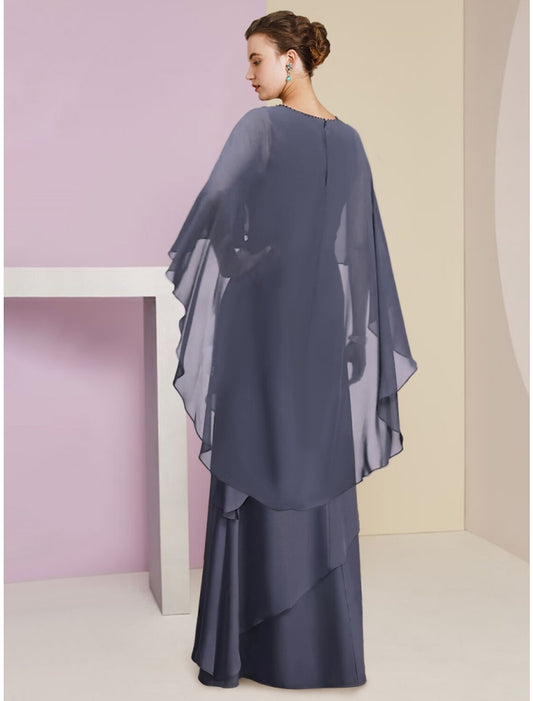 Sheath / Column Mother of the Bride Dress Wedding Guest Elegant Jewel Neck Floor Length Chiffon Half Sleeve with Sequin Tier Solid Color by YiHuiw