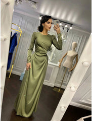Sheath Party Dress Evening Gown Elegant Dress Wedding Guest Fall Floor Length Long Sleeve High Neck Bridesmaid Dress Satin with Ruched