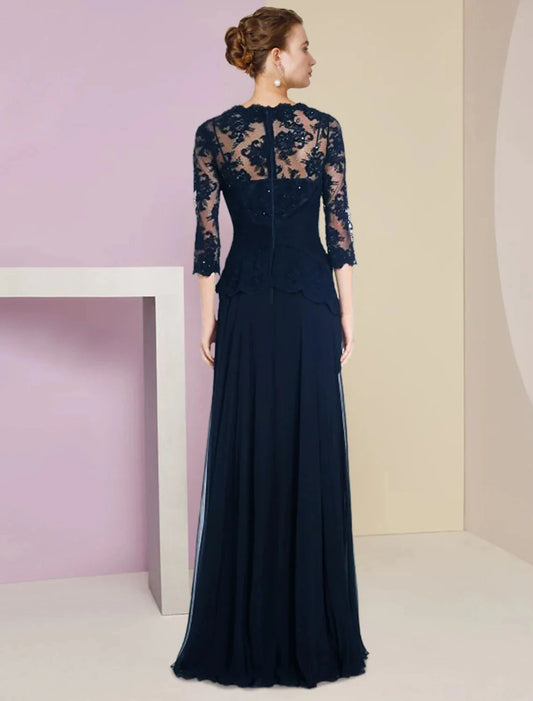 A-Line Mother of the Bride Dress Formal Wedding Guest Elegant Scoop Neck Floor Length Chiffon Lace Half Sleeve with Pleats Appliques Crystal Brooch by YiHuiw