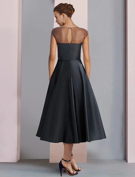 A-Line Mother of the Bride Dress Wedding Guest Party Elegant Scoop Neck Tea Length Satin Half Sleeve with Pleats Flower by YiHuiw
