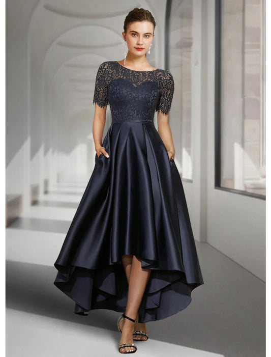 A-Line Mother of the Bride Dress Fall Wedding Guest Elegant High Low Jewel Neck Asymmetrical Tea Length Satin Lace Short Sleeve with Pleats by YiHuiw